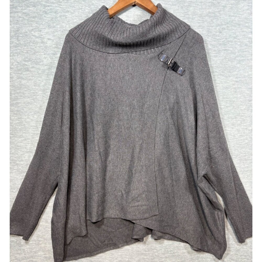 Calvin Klein Womens Sweater L/XL Gray Knit Poncho‎ Wrap Turtleneck Buckle